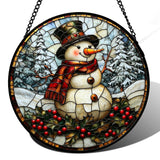 JOSUMALY Stained Glass Window Hanging - Christmas Snowman Suncatcher for Door Terrace Garden Home Decor Winter Forest Snow Sun Catcher Birthday Gifts for Lovers Women Men Dad Mom Nana 7.8 in