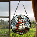 JOSUMALY Stained Glass Window Hanging - Christmas Snowman Suncatcher for Door Terrace Garden Home Decor Winter Forest Snow Sun Catcher Birthday Gifts for Lovers Women Men Dad Mom Nana 7.8 in