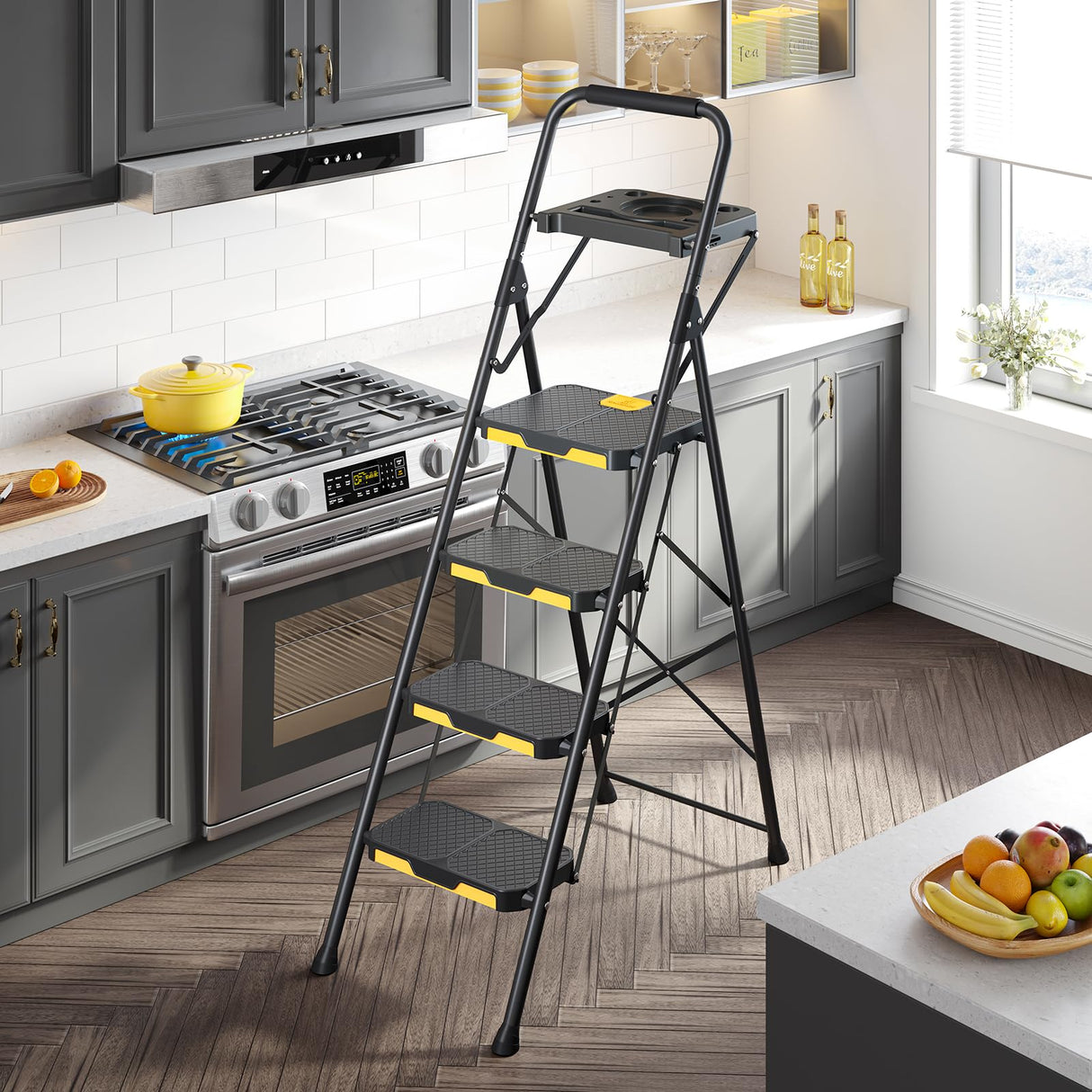 KINGRACK 4 Step Ladder with Tool Platform, Folding Step Stool with Wide Pedal, Safety Locking, Sturdy Steel Ladder Portable Safety Ladder for Painting Home Outdoor Garage