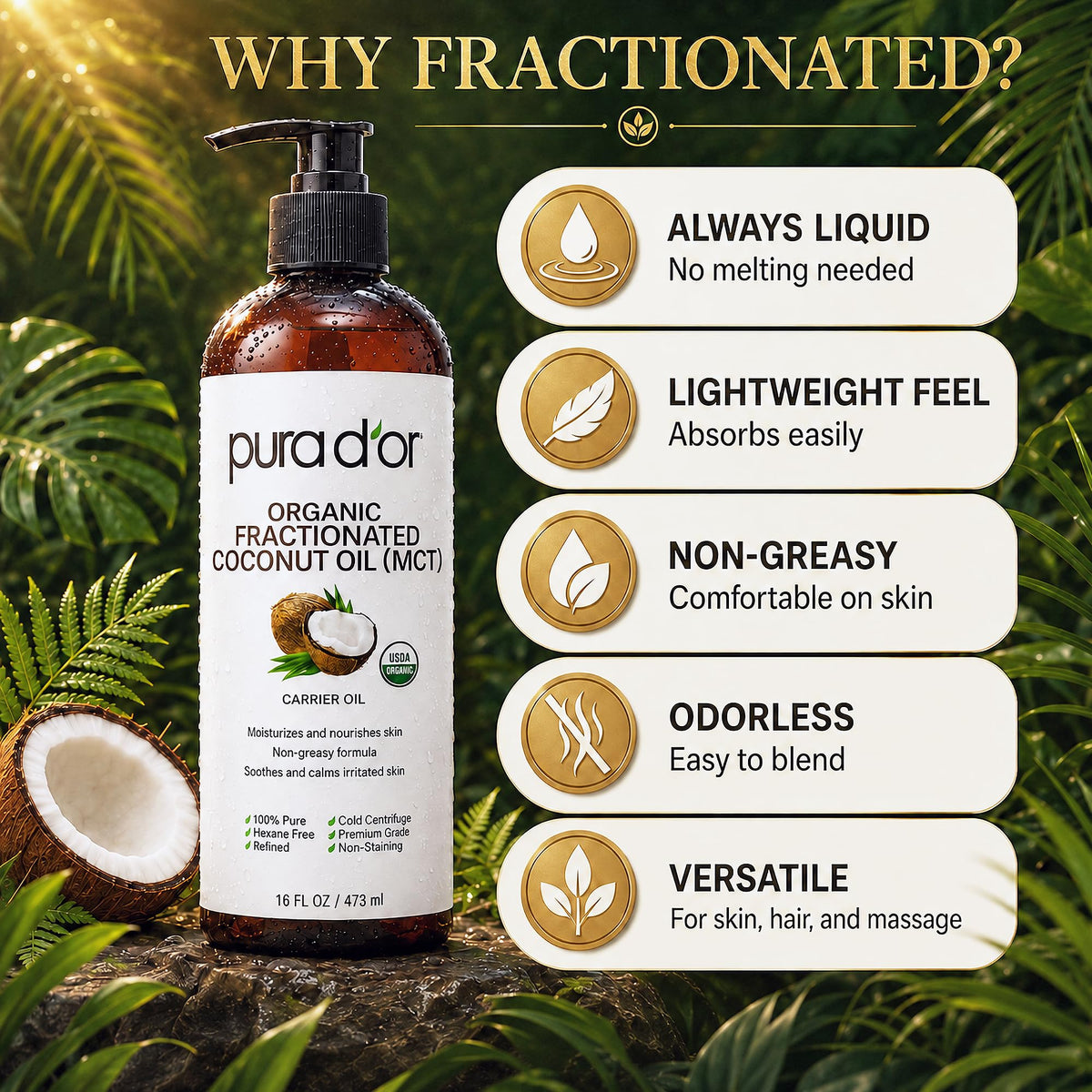 PURA D'OR USDA ORGANIC Fractionated Coconut Oil: Hair, Face 16oz