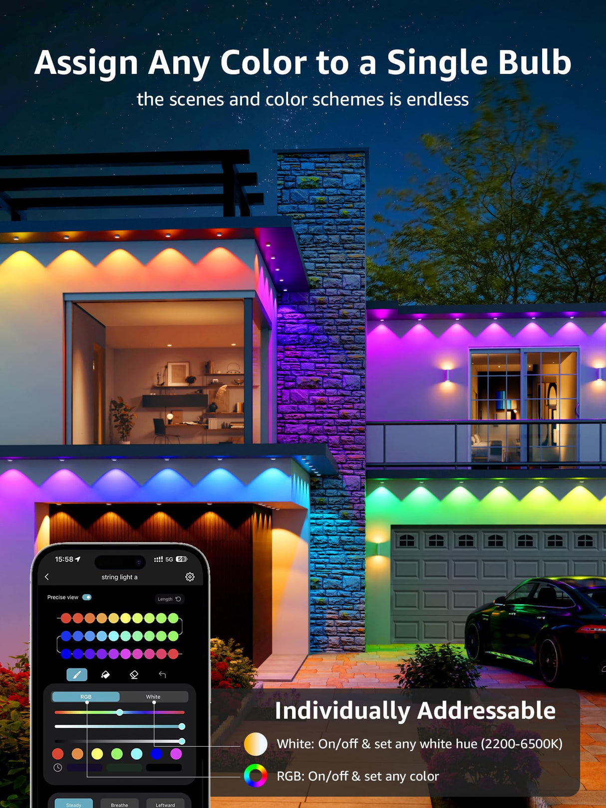 Lepro E1 AI Permanent Outdoor Lights APP Control, 150ft 90 LED Smart RGB+IC+Warm/Cool White House Eave Lights for Halloween Christmas, Alexa Google Enabled 2.4 GHz WiFi/Bluetooth, NO Remote Controller