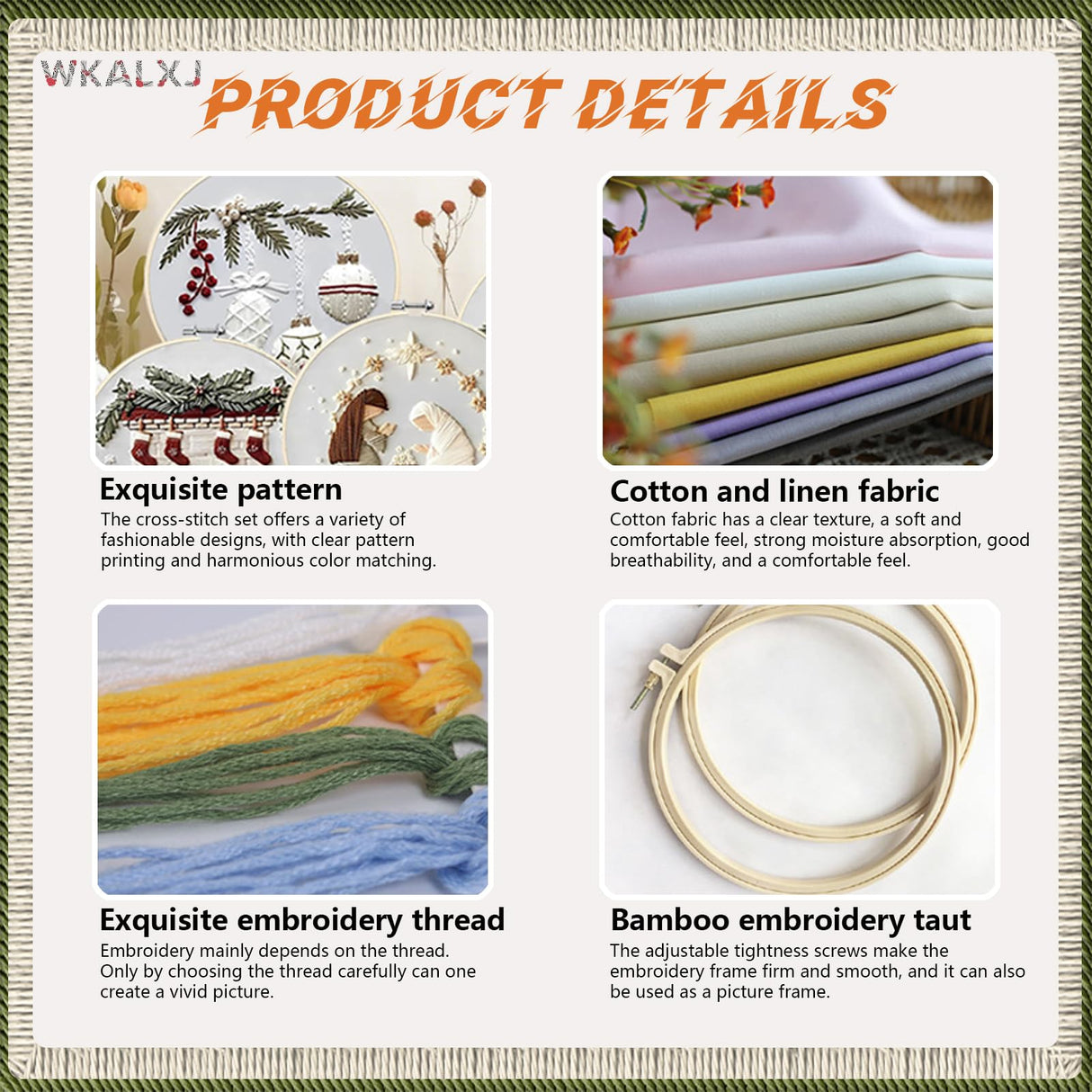 WKALXJ 4 Sets Christmas Embroidery Kits for Adults, Embroidery Kit for Beginners, Cross Stitch Kits for Beginners with Pattern, Needles, Threads, Tools (Holly+Fireplace+Stocking+Nativity Manger)