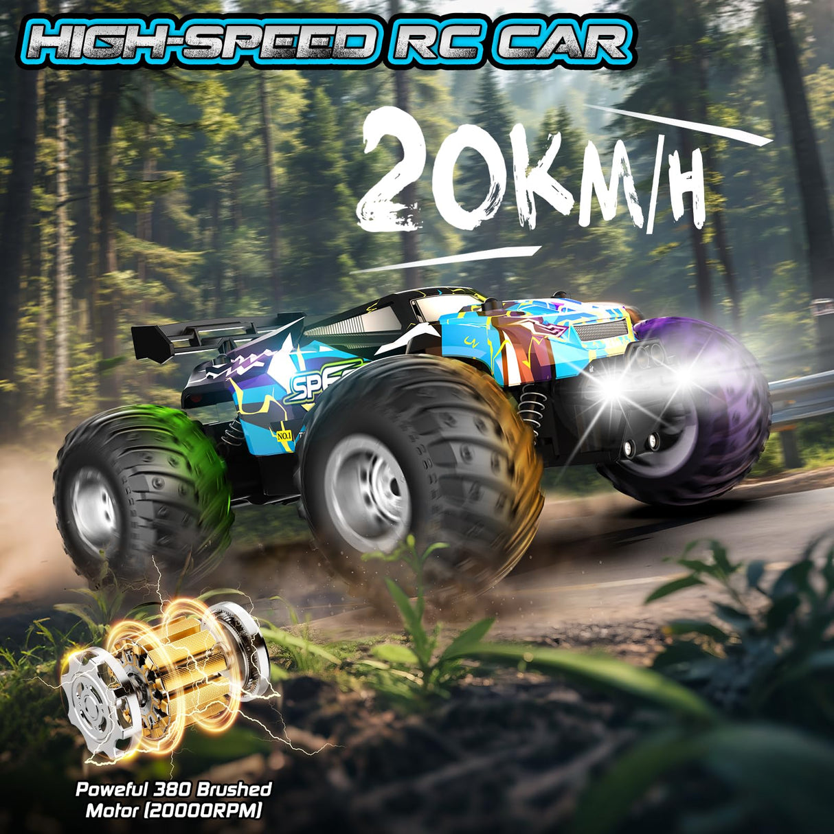 Remote Control Car, 1:18 2WD Off-Road RC Truck 20 KM/H, All-Terrain RC Cars with Headlights, BodyLights, 2.4GH Rechargeable Remote Control Monster Truck, Christmas or Birthday Gift Toys for Boys Girls