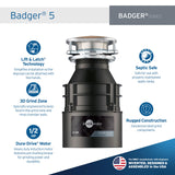 InSinkErator Badger 5 Garbage Disposal, Standard Series 1/2 HP Continuous Feed Food Waste Disposer, Black, Set of 1
