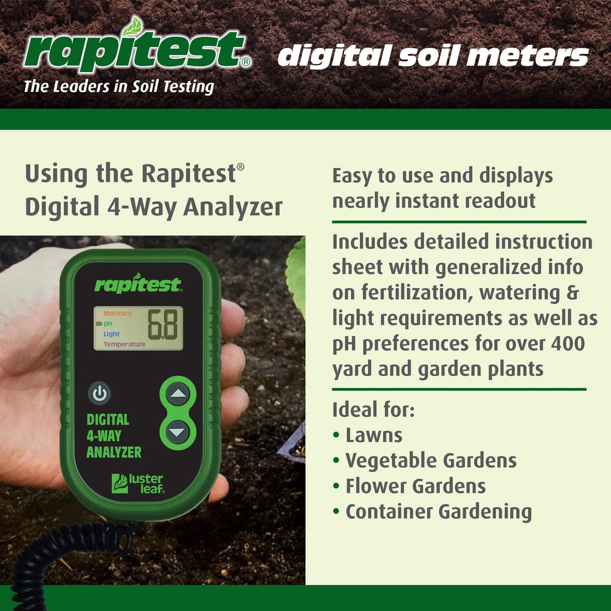 Luster Leaf Rapitest 4-Way Digital Soil Analyzer for pH, Moisture, Temperature, and Light – Designed and Engineered in the USA