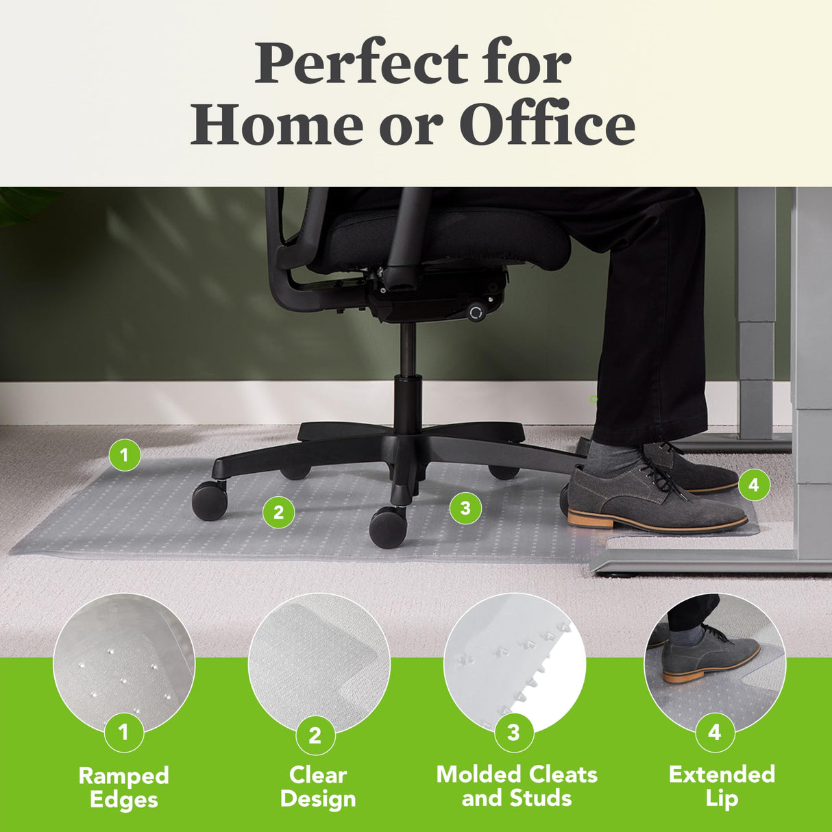 OFM Office Chair Mat for Carpet – Computer Desk Chair Mat for Carpeted Floors – Easy Glide Rolling Plastic Floor Mat for Office Chair on Carpet for Work, Home, Gaming with Extended Lip (36” x 48”)