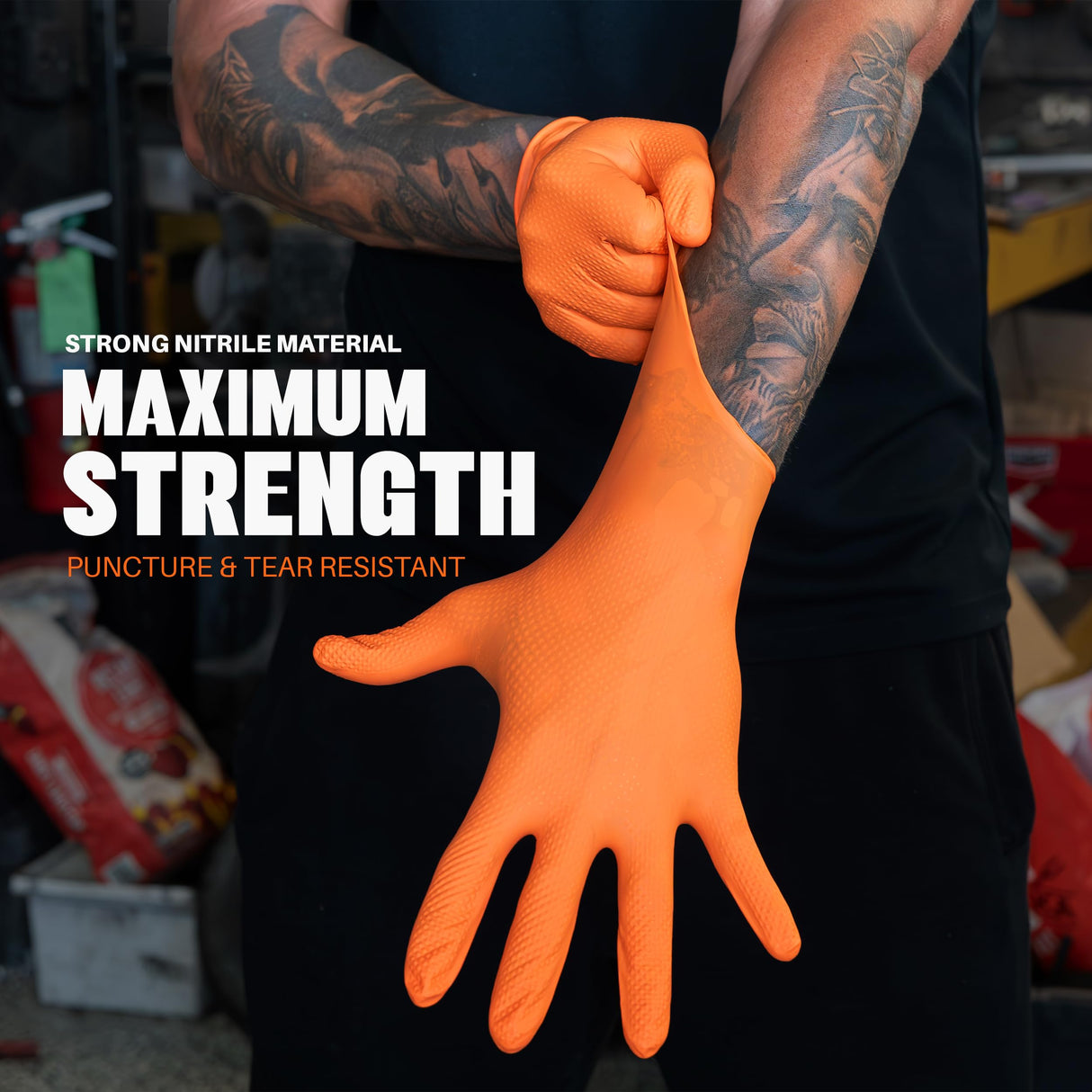 GRIPXX Herkules Grip Heavy Duty 8Mil Orange Nitrile Gloves,3D Raised Diamond Texture-Latex & Powder Free-Industrial, Mechanic (1, Large)