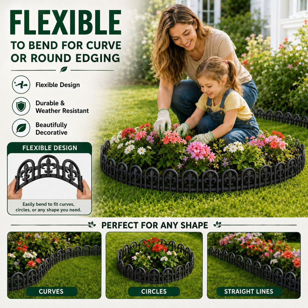 Evelyne Black Garden Border Plastic Edging – PP Plastic, Metal-Free Wrought Iron Look Design, 15pcs Black Yard Landscaping Fence Liner Lawn Edge Barrier, 20ft Kit of Decorative Lawn Landscape Panels