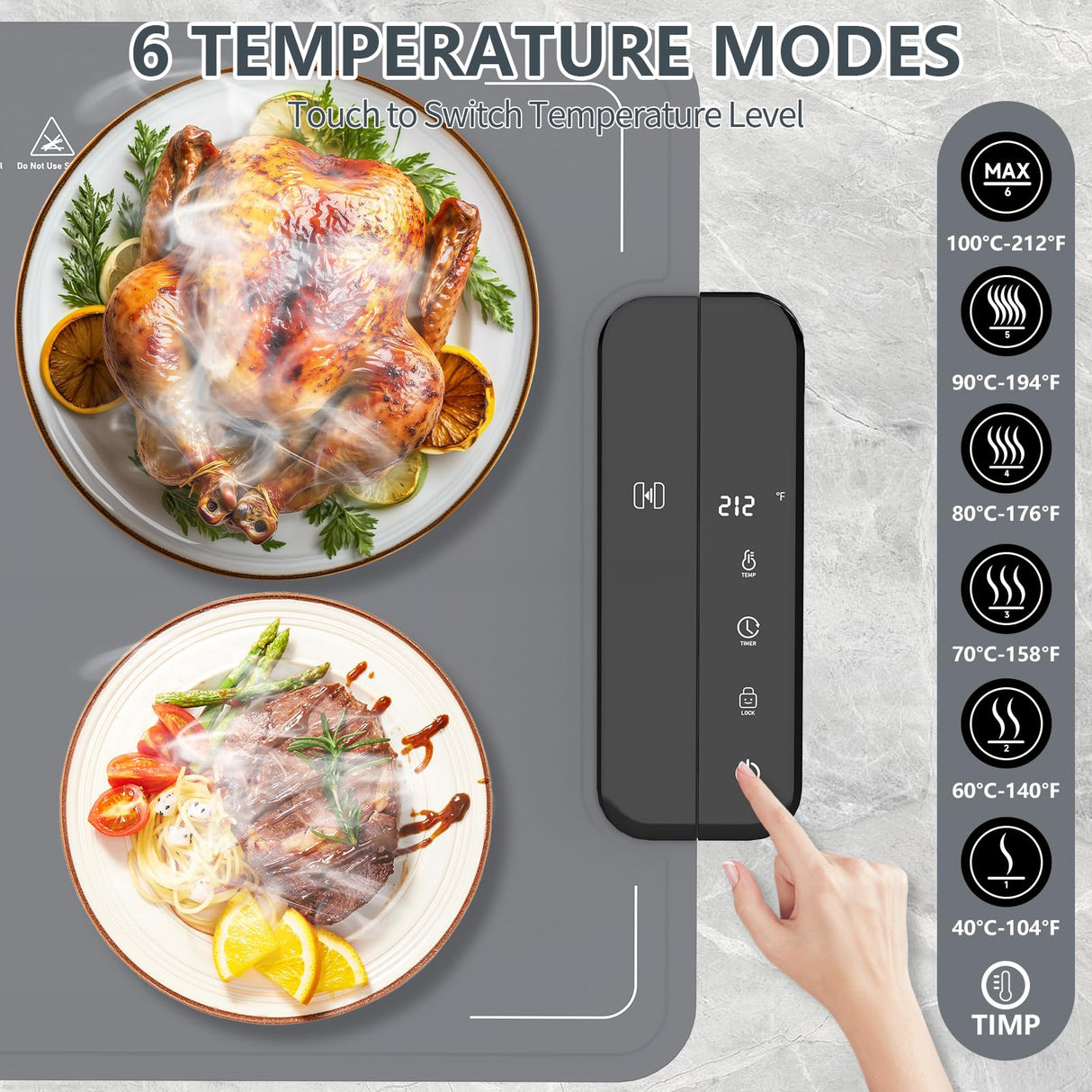 Portable Food Warming Mat with Waterproof Design, Silicone Food Warming Tray with 6 Temperature & 6 Timer Settings, Child Lock Safety, 8s Rapid and Full Surface Heating Food Warmer for Everyday Use