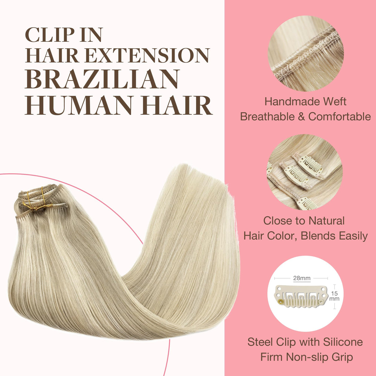 GOO GOO Clip in Hair Extensions Real Human Hair, Remy Human Hair Extensions Clip ins for Women, Natural Human Hair, 20inch 120g 7Pcs, 17A/60A Ash Blonde Highlighted Platinum Blonde