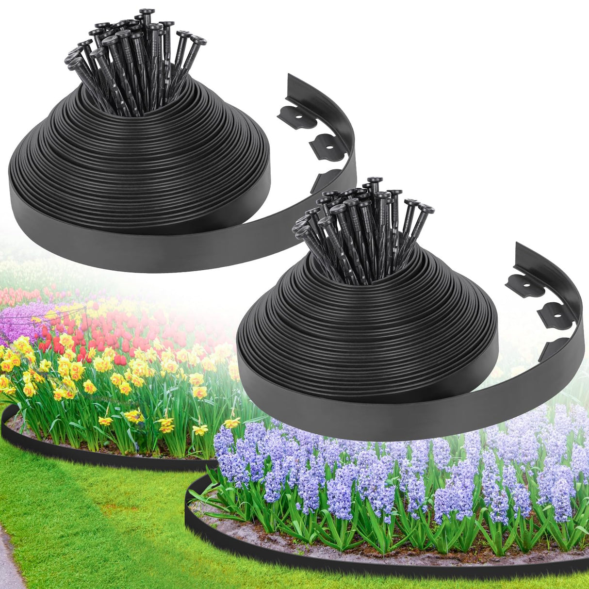 2-Inch x 100 FT Landscape Edging Border with 150 Stakes, Plastic Edging for Landscaping Garden Edging Border, Flexible Landscaping Edging for Garden Flower Beds Yard Lawn Pathway Paver (Black)