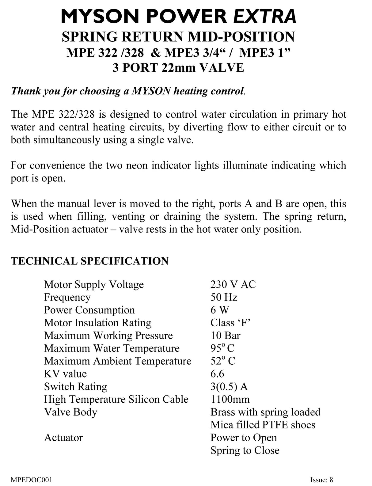 Myson Replacement ACT322 Mid Position Actuator ONLY - Part number 421001 Spare for MPE322, MPE328, MPE33/4, MPE31, MSV322, MSV328 Power Extra 3 Port Motorised Valve