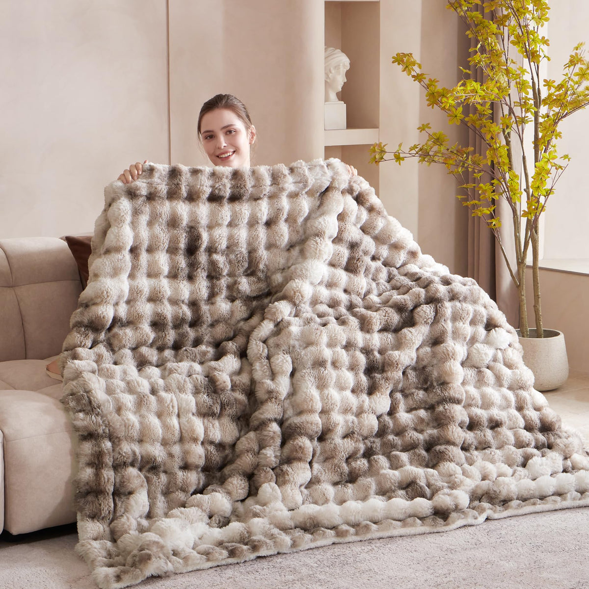 Serenhom 50"x60" Ultra-Soft Fuzzy Faux Fur Throw Blanket, Brown Tie Dye