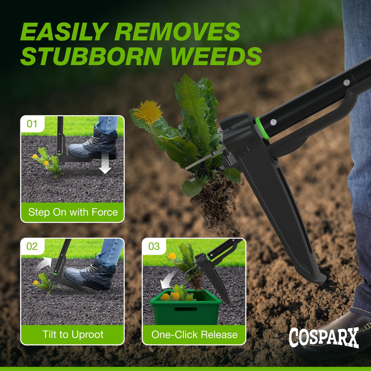 COSPARX Weed Puller Tool with Long 43” Handle, No Bending, Easy Eject – Removes Weeds Effortlessly, Sturdy Foot Pedal & Lightweight Aluminum - 4-Claw Hand Weeding Tool