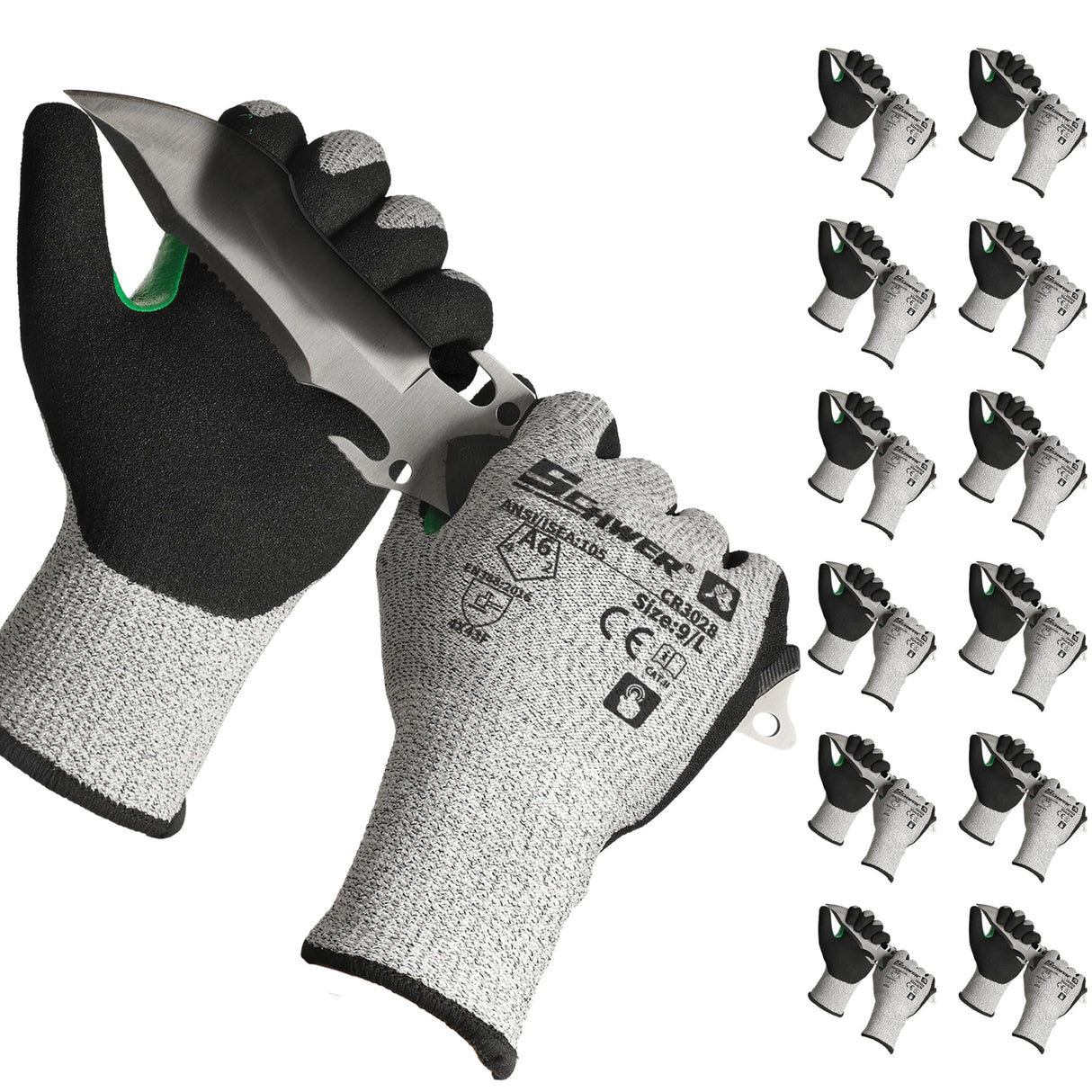 Schwer 12 Pairs Winter Work Gloves, ANSI A5 Cut Resistant Gloves with PU Coating, Freezer Glove for Outdoor Cold Weather, Thermal Insulated, Non Slip, Durable, M, CR3088-W