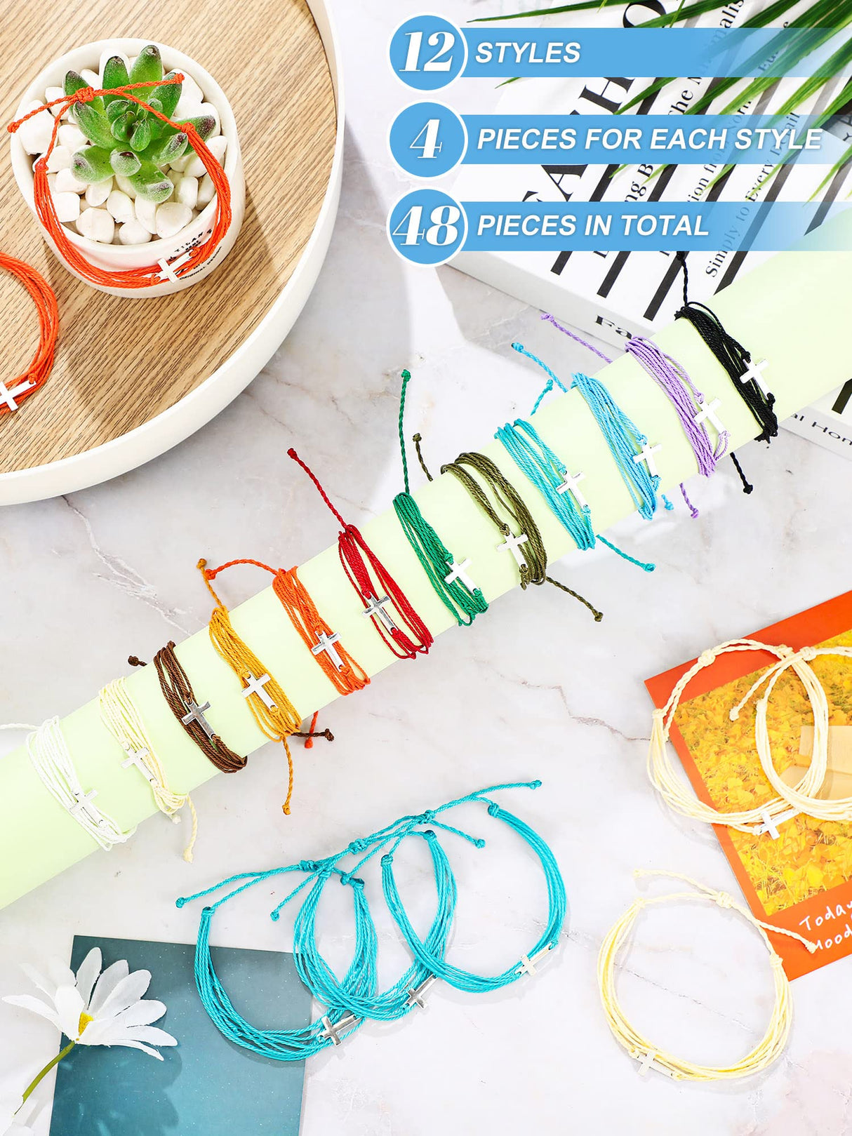 48 Pcs Cross Bracelets Bulk Christian Gifts Braided Rope for Women Men Kids