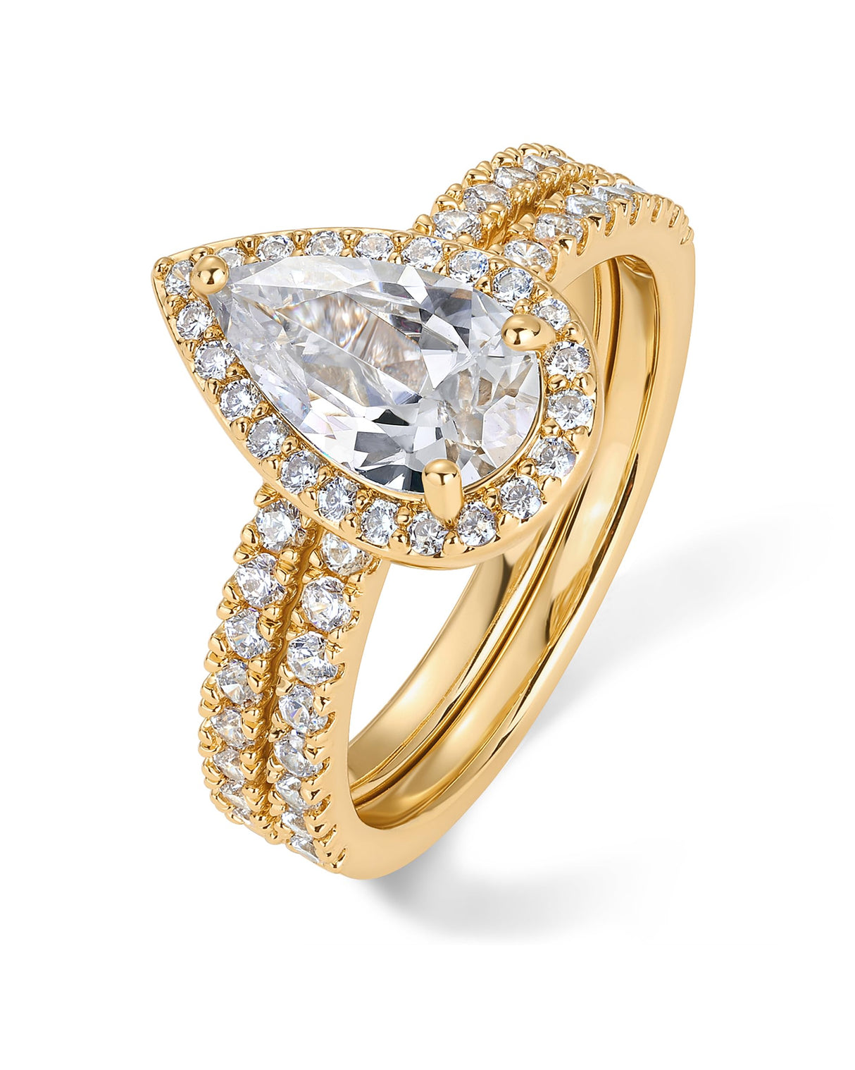 PAVOI 14K Yellow Gold Plated 1.7CT Pear Cubic Zirconia Eternity Engagement Ring Wedding Bridal Promise Pack for Women - Hidden Halo Ring Set - Size 7