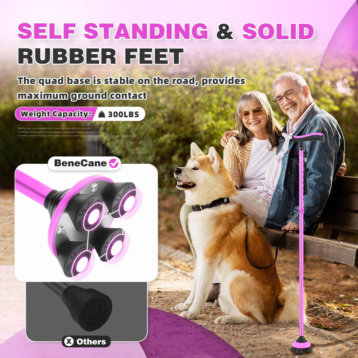 BeneCane Walking Cane for Men & Women Walking Stick for Seniors Folding Canes Quad Cane Adjustable Lightweight Sturdy Collapsible Heavy Duty with Soft TPR T-Handle and Travel Bag