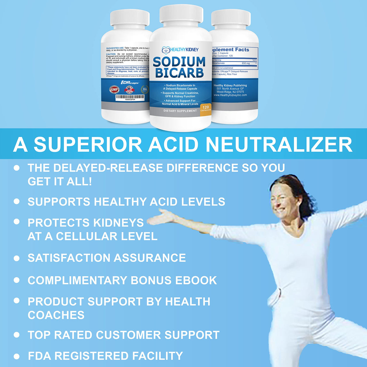 Sodium Bicarbonate 650 Mg Tablets - Delayed Release for Normal Kidney Function - Baking Soda Tablets, Sodium Pills, Bicarbonato De Sodio para Tomar, Bicarbonate of Soda - 30 Capsules