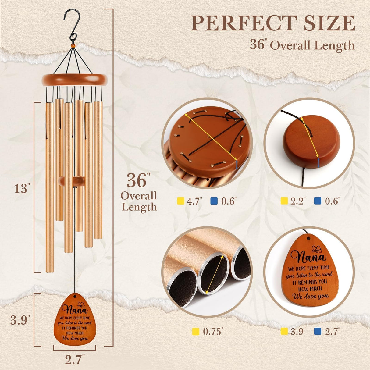 Leebbsin Gifts for Nana, Nanas Wind Chime, Mother's Day Best Gift for Nana, Birthday Gift Idea from Grandkids, Best Gifts Ideas for Mothers Day, Thanksgiving, Christmas, Large-36''