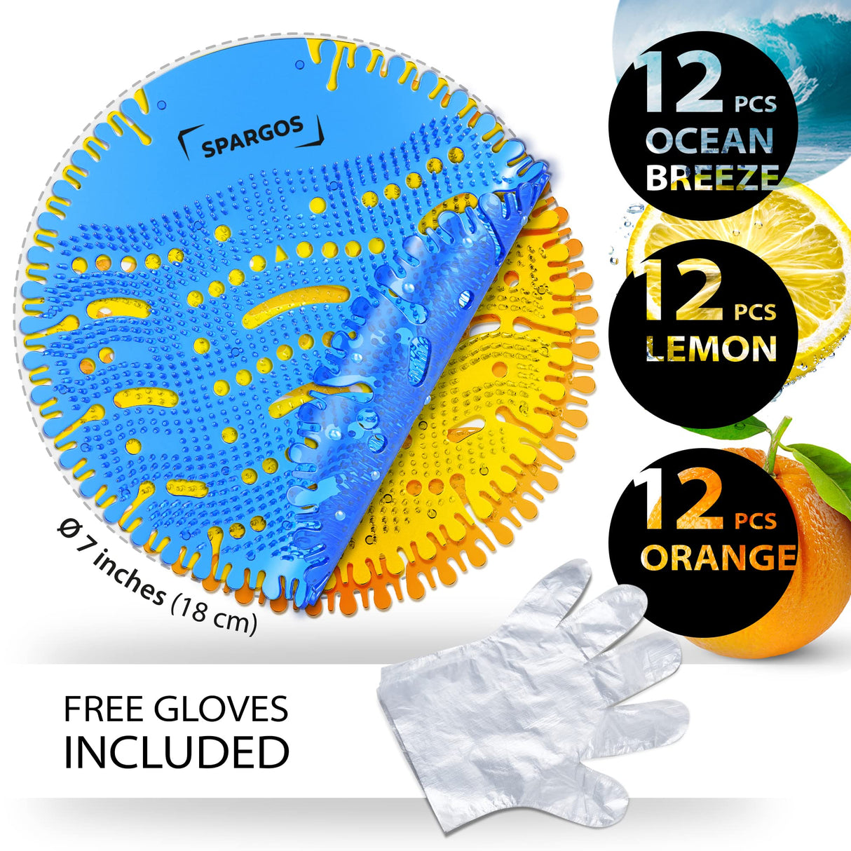 Urinal Screen Deodorizer (36 Pack) - Urinal Cakes - Fresh 3d Wave Anti-Splash - Odor Protection for Toilets in Bathroom Office Stadiums Schools with Free Gloves - 12pcs Blue 12pcs Lemon and Orange