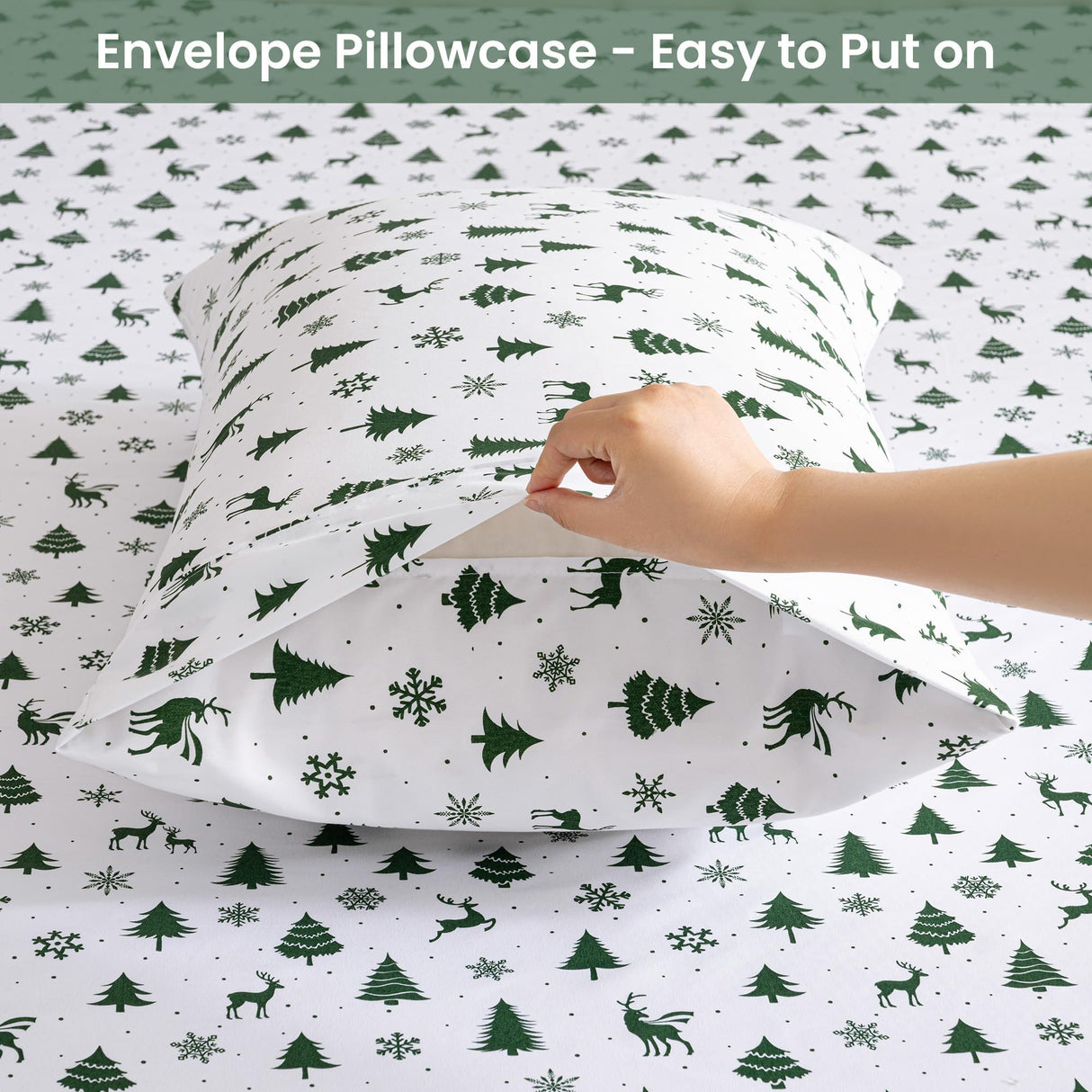 Printed Queen Size Sheet Sets, Christmas Holiday Bed Sheets Queen, Brushed Microfiber Fitted Sheet with 15" Deep Pocket for Queen Size Bed, Christmas Reindeer Patterned Sheets & Pillowcase Set