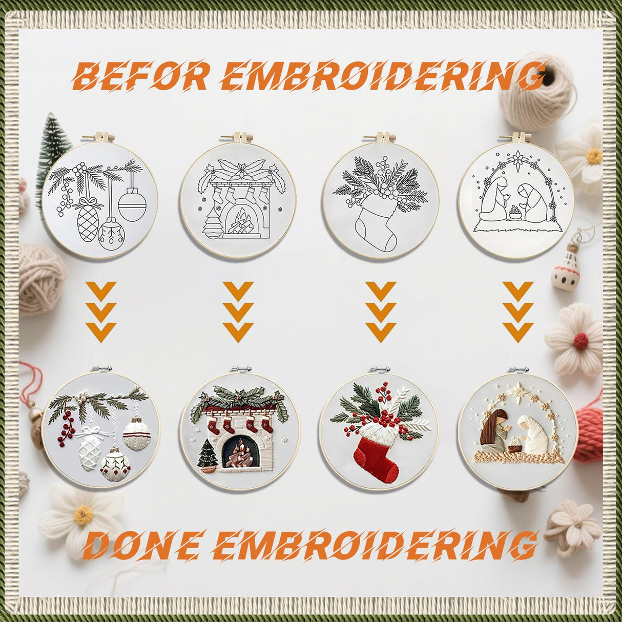WKALXJ 4 Sets Christmas Embroidery Kits for Adults, Embroidery Kit for Beginners, Cross Stitch Kits for Beginners with Pattern, Needles, Threads, Tools (Holly+Fireplace+Stocking+Nativity Manger)