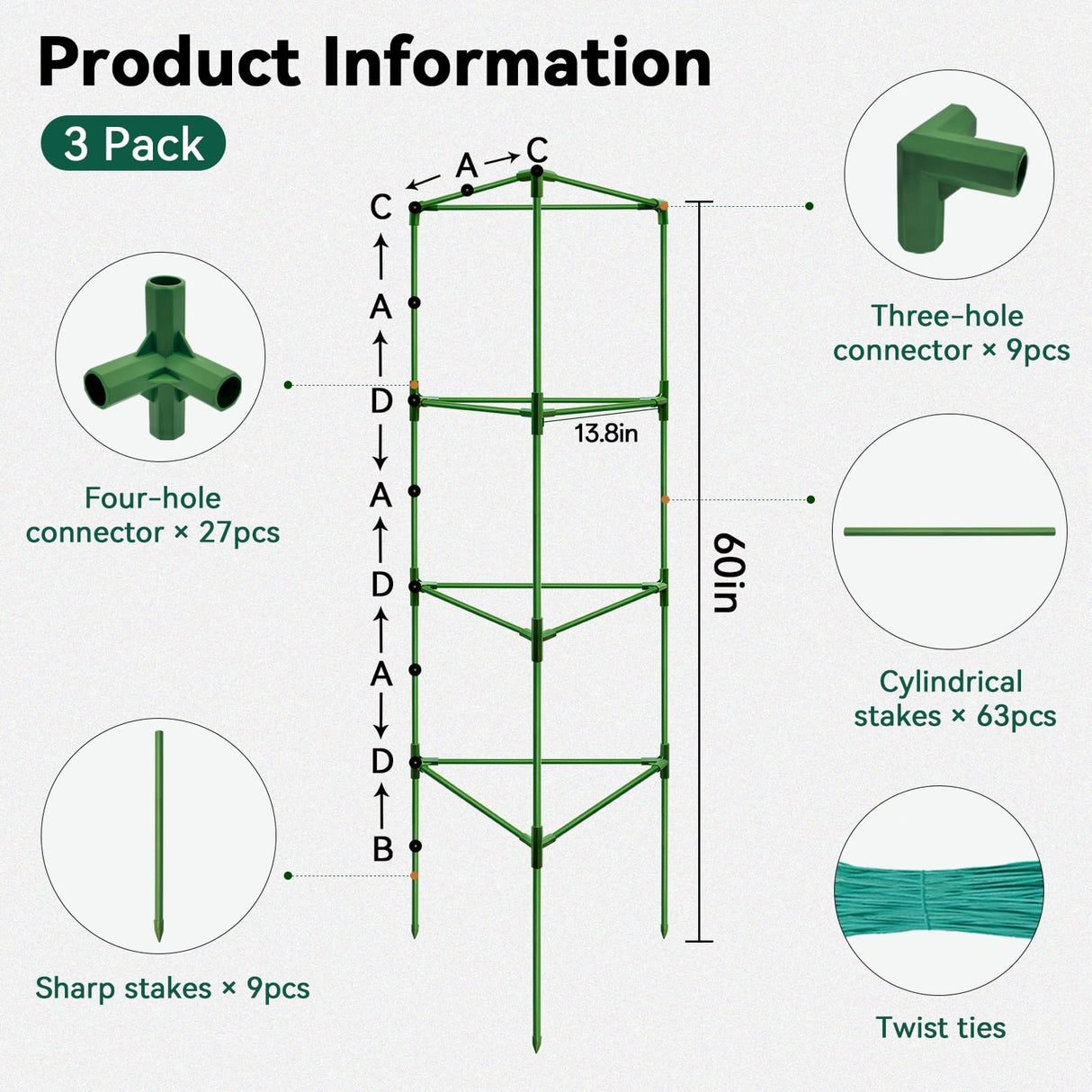 Halatool 3 Pack 60 Inch Adjustable Tomato Cages for Graden