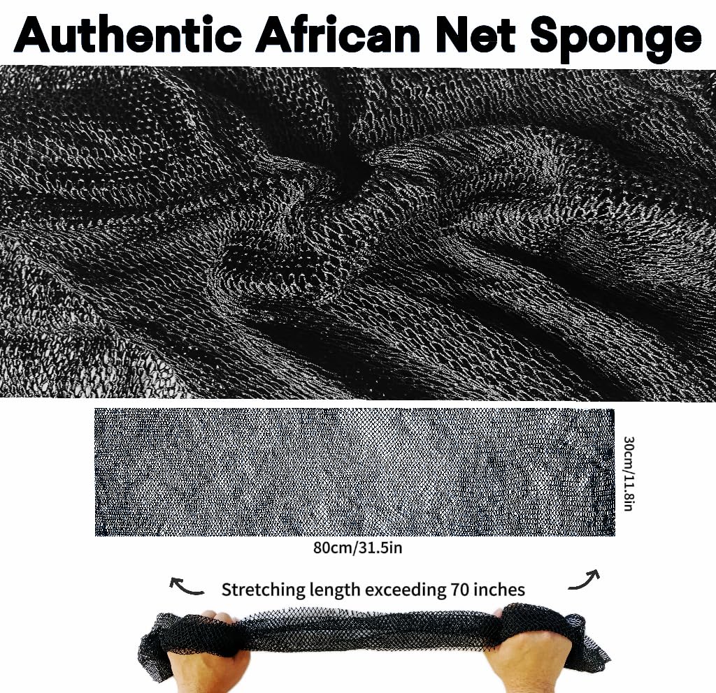 SPMKTBOZAI African Net Sponge Authentic, African Exfoliating Sponge Real African Net Black Owned, African Bath Sponge Back Scrubber, Body Exfoliator Shower Bath Accessories (Black)