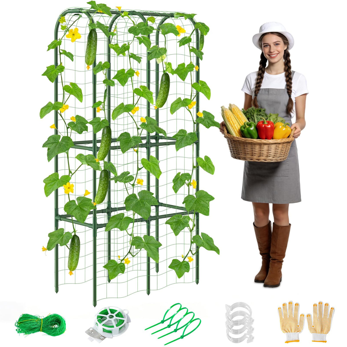 62in Tall Cucumber Trellis for Raised Bed, 34" L x 62" H Metal Garden Trellis for Climbing Plants Outdoor, U-Shape Vegetables Trellis Support for Squash Zucchini Peas Grape