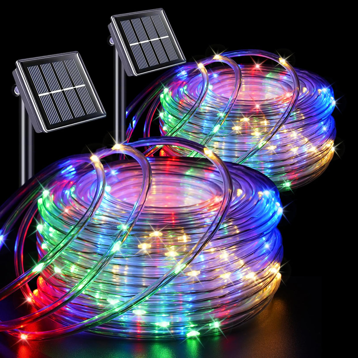 QITONG Multicolor Solar Christmas Lights, 2 Pack Each 33ft 100 LED Rope Light, Fairy Lights in Clear Thin Tube with 8 Modes