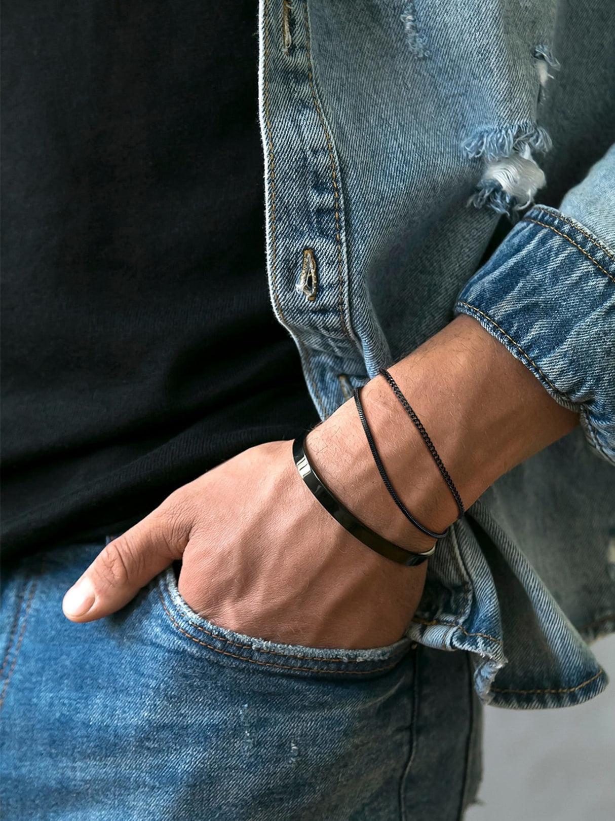 HEVOCY 3-Piece Black Bracelet Set for Men, Cuff and Chain Stack
