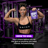 Gains in Bulk Workout Candy, Pre Workout Chews with Creatine and Caffeine for Energy, Focus, Muscle and Pump, Nitric Oxide Support, Supplements for Men and Women, Sour Fruit, 90 Vegetarian Chews