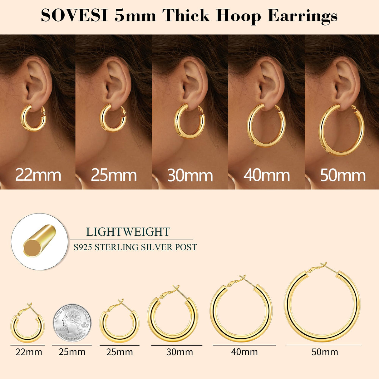 sovesi Chunky 14K Gold Plated and Silver Thick Hoops Earrings Set 30mm