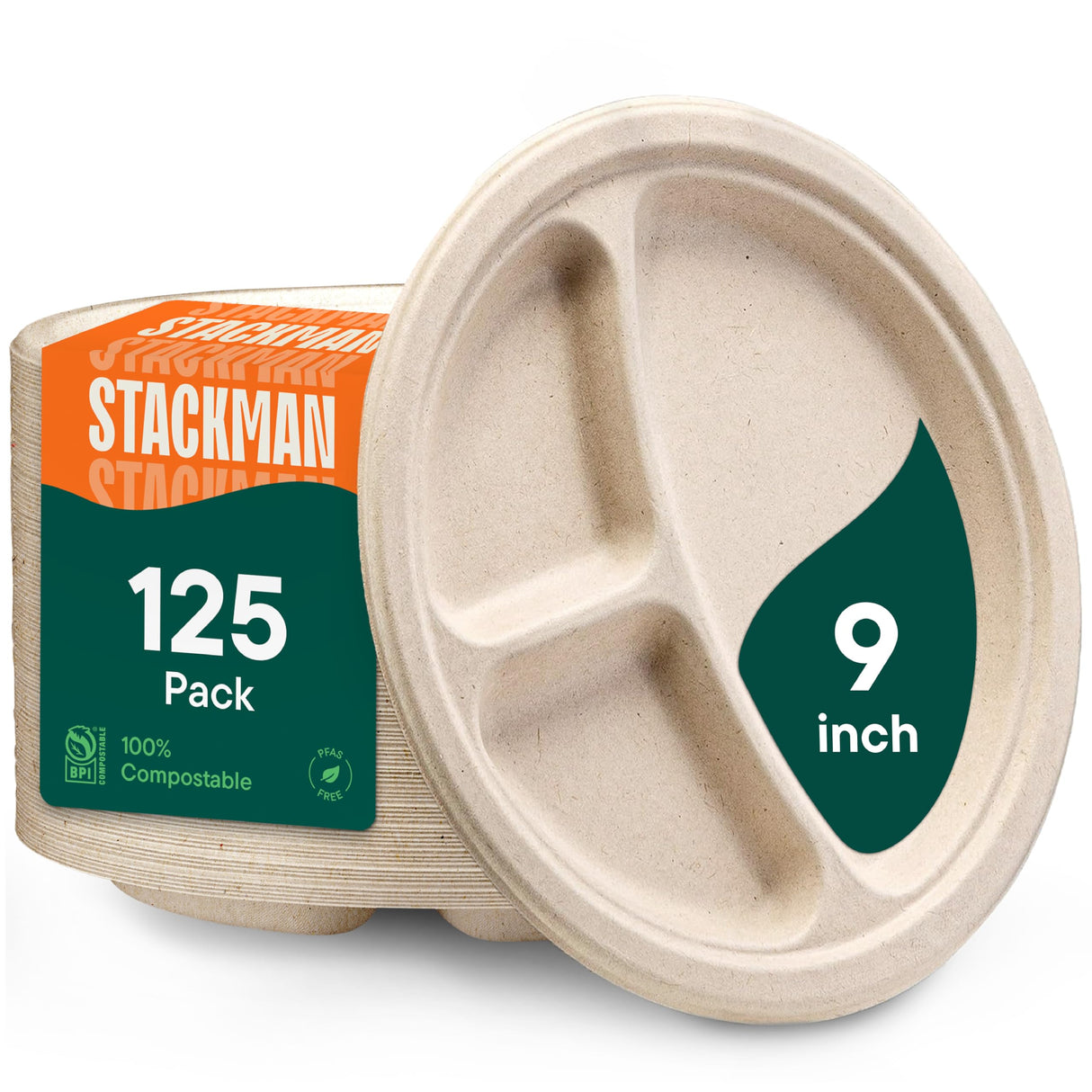 100% Compostable, 3 Compartment, Disposable Paper Plates [125-Pack] - {PFAS Free} - {BPA Certified} - [9 Inch] Heavy Duty Biodegradable Bagasse Sectional Lunch Trays + Dividers - Divided Platte Tray