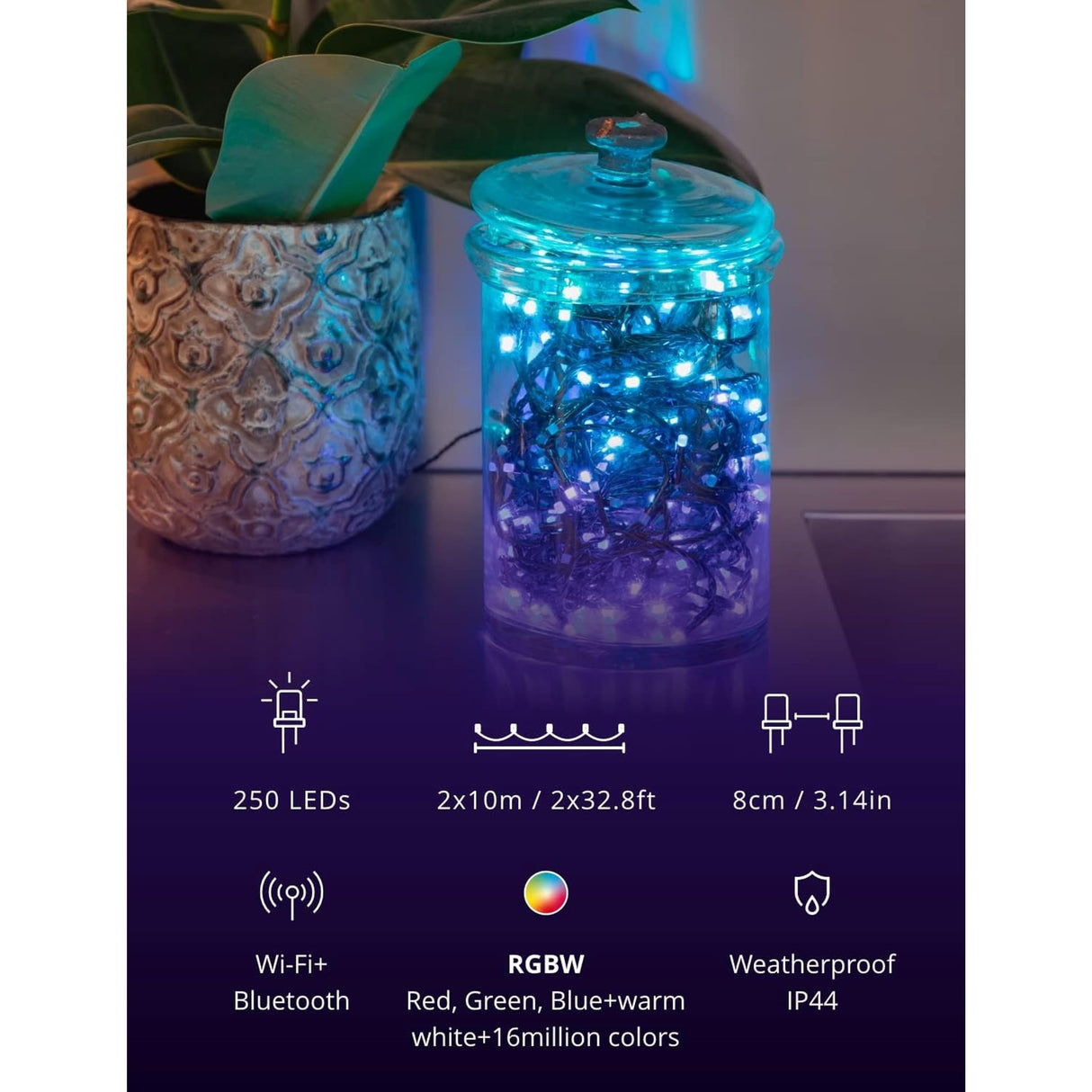 Twinkly Strings 250 LED RGB, Including White, LED Light String for in-and Outdoor, Christmas Lights, Smart LED Lights, Mappable LEDs, Compatible with Alexa, Google Home, IP44, Green Wire, 65ft