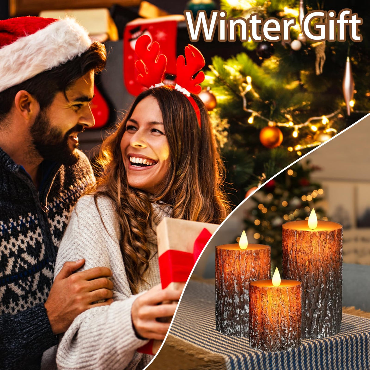 VEEKI Flameless Candles Lights, Set of 3 Battery Operated Flickering Flameless Candles with Remote & Timer, Dimmable LED Pillar Candles, Pine Bark Electric LED Candles for Christmas Winter Home Decor