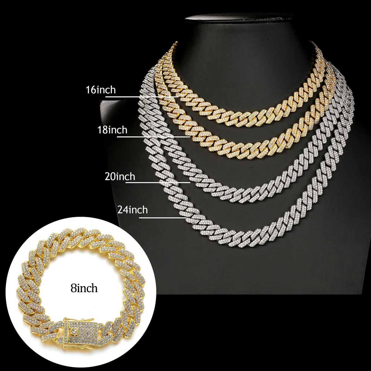 JUNVirtuous 2 Pieces Cuban Link Chain Mens Iced Out Miami Cuban Necklace and Bracelet Silver Bling Diamond Hip Hop Jewelry for Men and Women (Gold, 8" Bracelet and 20" Necklace)
