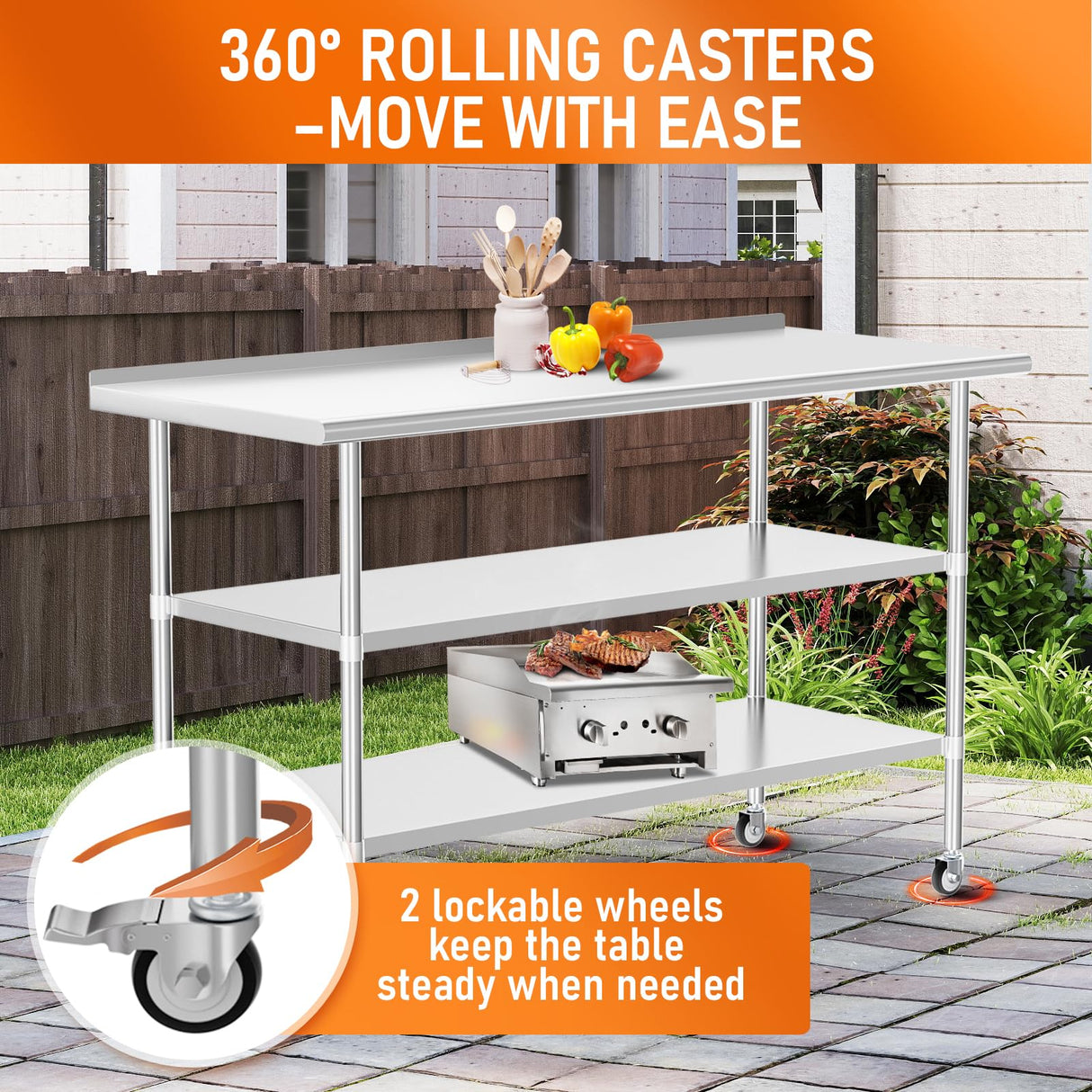 HOCCOT Stainless Steel Prep Table 24" X 60" with 2 Adjustable Undershelves, Backsplash and Wheels, Commercial Metal Workstations for Kitchen, Garage, Outdoor BBQ