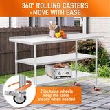 HOCCOT Stainless Steel Prep Table 24" X 60" with 2 Adjustable Undershelves, Backsplash and Wheels, Commercial Metal Workstations for Kitchen, Garage, Outdoor BBQ