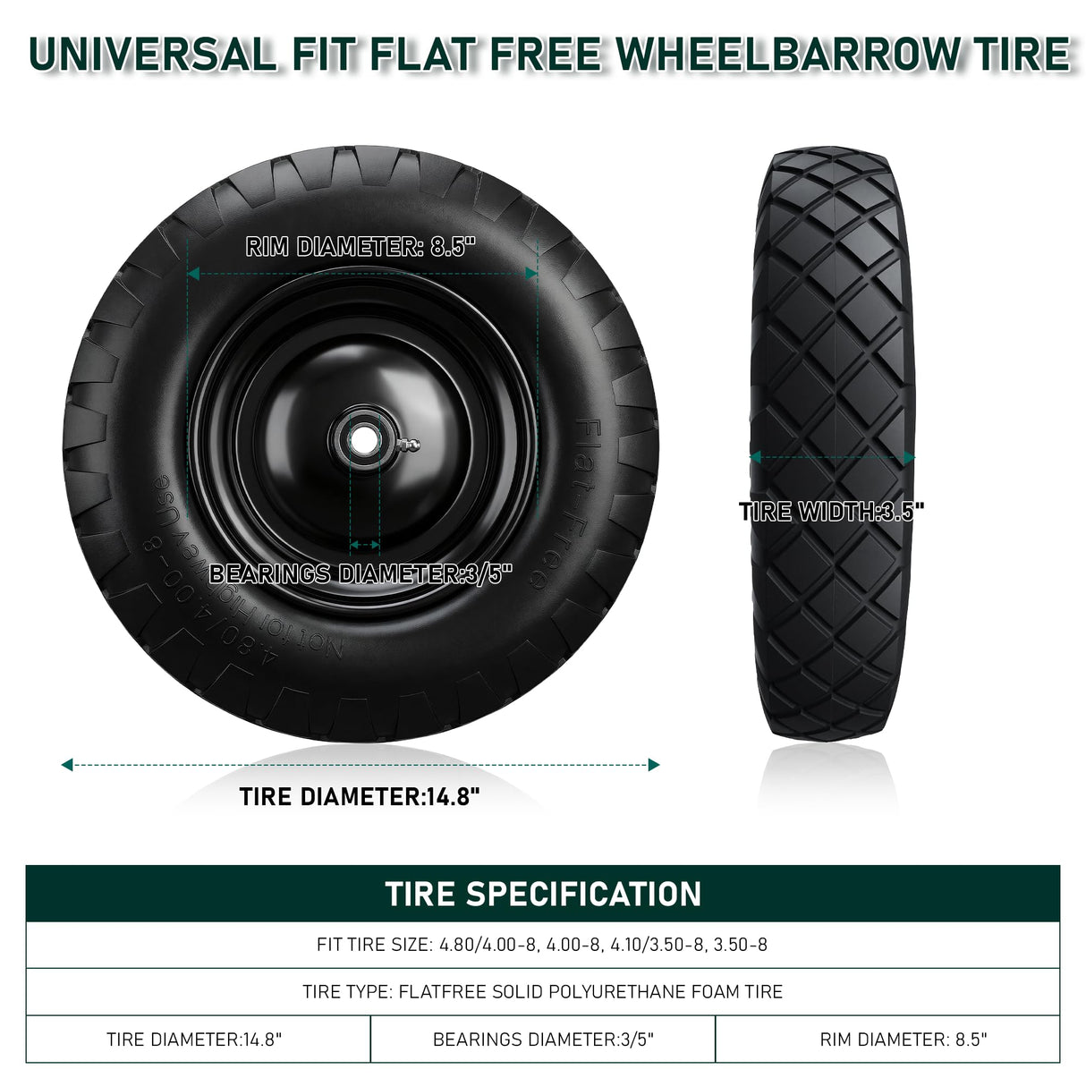 Upgraded 16" Flat Free Wheelbarrow Tire and Wheel, 4.80/4.00-8 Heavy Duty Solid Tire with 5/8" & 3/4" Bearings, 3"-7" Adjustable Hub - Universal for Wheelbarrows, Garden Trailer/Hand Truck - Black