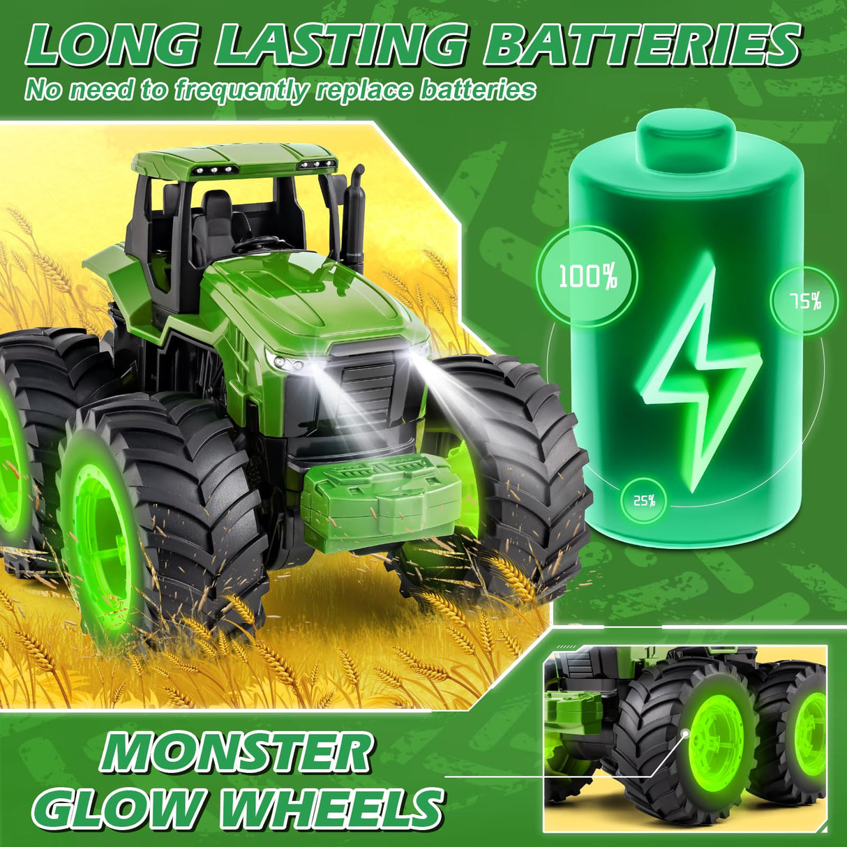 Remote Control Tractor Toys, Light Up Farm Monster Trucks Toy for Boys 3, 4, 5, 6, 7 Year Old, 2.4 Ghz RC Tractor Toys, Ideal Christmas, Birthday Gifts for Kids