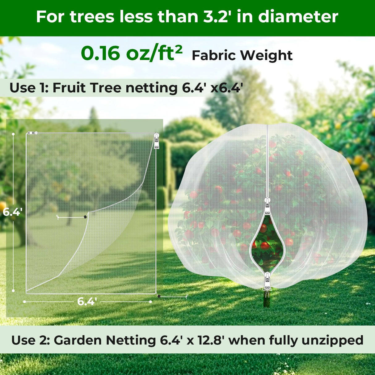 6.4'x6.4' Fruit Tree Netting with 2-Way Zipper & Drawstring (2 Pack)