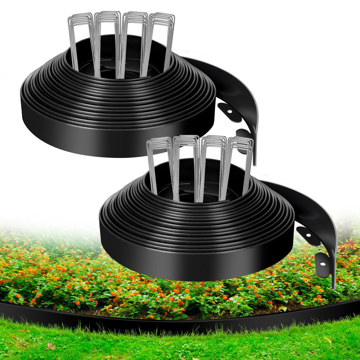 1.5 Inch x 100 FT Landscape Edging, Garden Edging Borders with 100pcs Upgrade Stakes, Flexible No Dig Plastic Garden Border for Lawn, Landscaping, Flower Beds and Yard