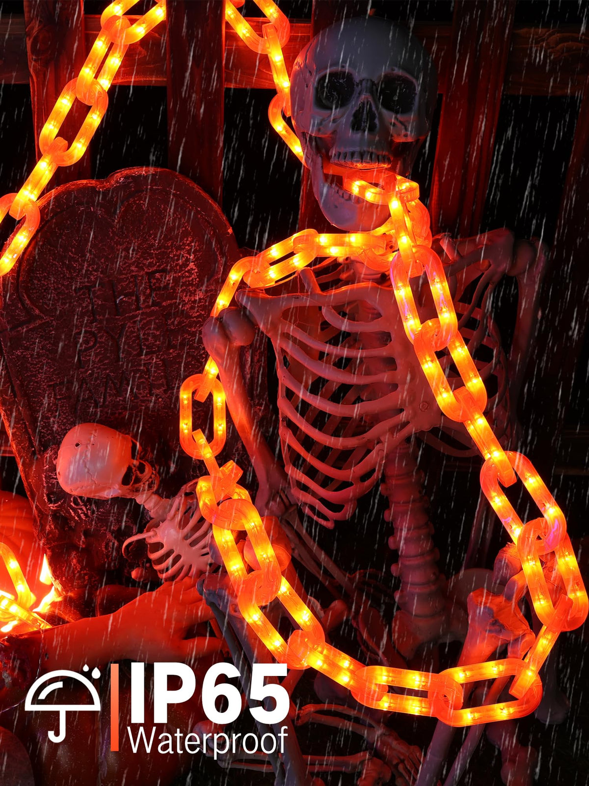 Solar Halloween Chain Lights - 10 FT 160 LED Orange Light-Up 8 Modes Memory