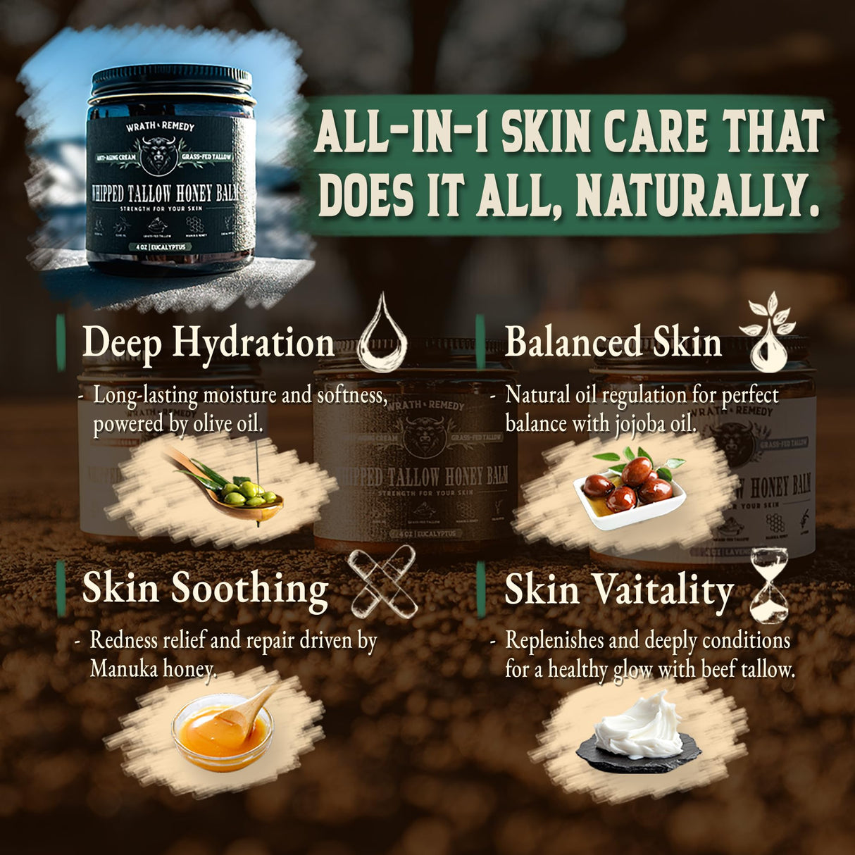 Wrath & Remedy Handmade Whipped Organic Beef Tallow for Skin - 4 OZ (Eucalyptus) — Grass Fed Beef Tallow Moisturizer and Honey Balm for Silky, Sensitive-Skin, Eczema, Rosacea - Free of Harsh Chemicals