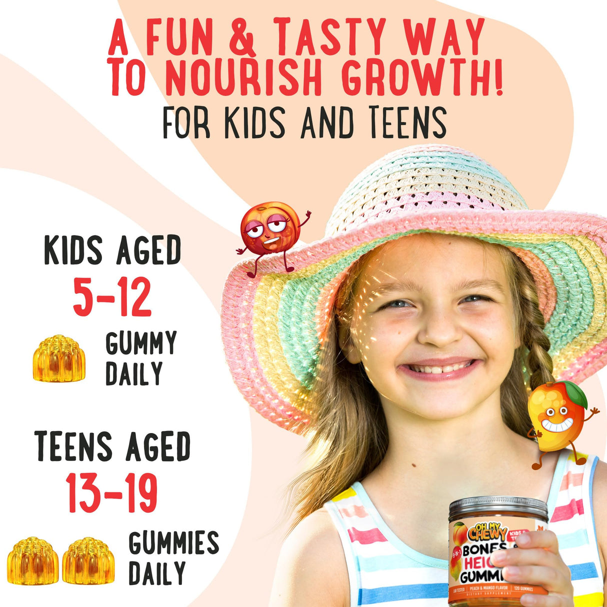 OH MY CHEWY Center-Filled Bones & Growth Support Gummies - Supplement Vitamins for Kids & Teens with Calcium, Astragalus, D3, K2, L-Arginine, Glutamine & Omithine HCI - Peach & Mango - 60 Count
