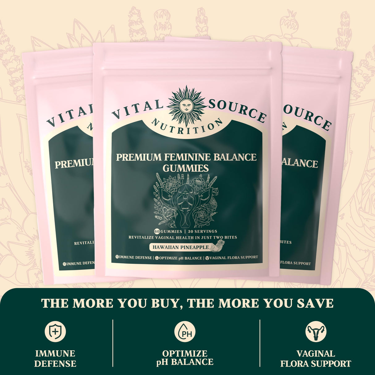 2 Pack Vital Source Nutrition - Premium Feminine Balance Gummies - for Women’s Health & Wellness - Immune Support - Vegan, Gluten-Free - Hawaiian Pineapple - 60 Gummies - 30 Servings