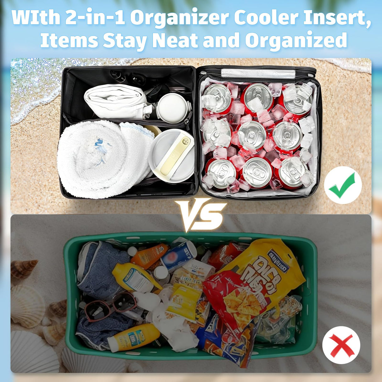 XYFuuee 2-in-1 Cooler Organizer Insert for X Large Bogg Bag Accessories, PEVA Portable Leak-Proof Ice Chest, Lightweight Mesh Divider Inserts Pouch with 4Fastener for XL Bog Beach Rubber Tote, Black