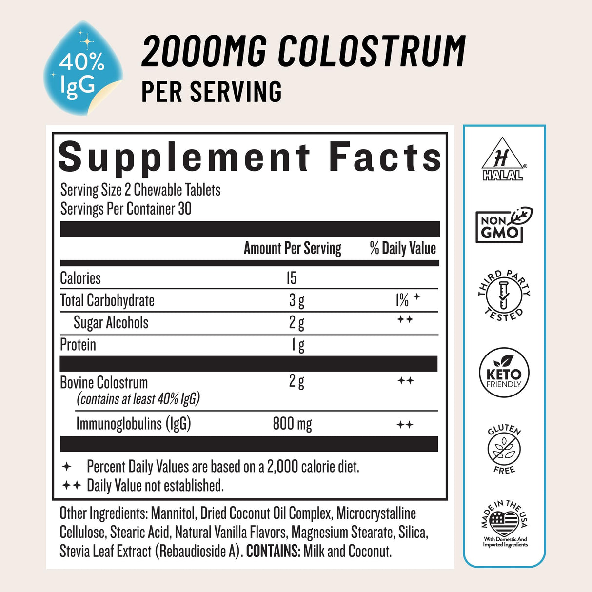 Legendairy Milk Colostrum Supplement - Premium Bovine Colostrum for Humans - 40% IgG Immunoglobulin for Immune Support & Gut Health - Energy & Muscle Recovery - Vanilla Chewable Tablets, 30 Servings
